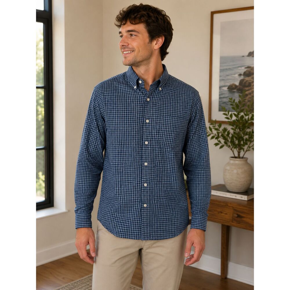 LL Bean Long Sleeve Button Front Wrinkle Free Shirt Blue Check Men's Large Tall